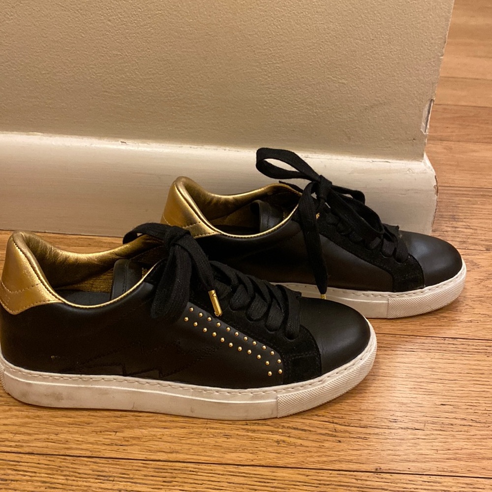 Zadig & Voltaire Paris: Black and gold lighting bolt sneakers. Size 38
